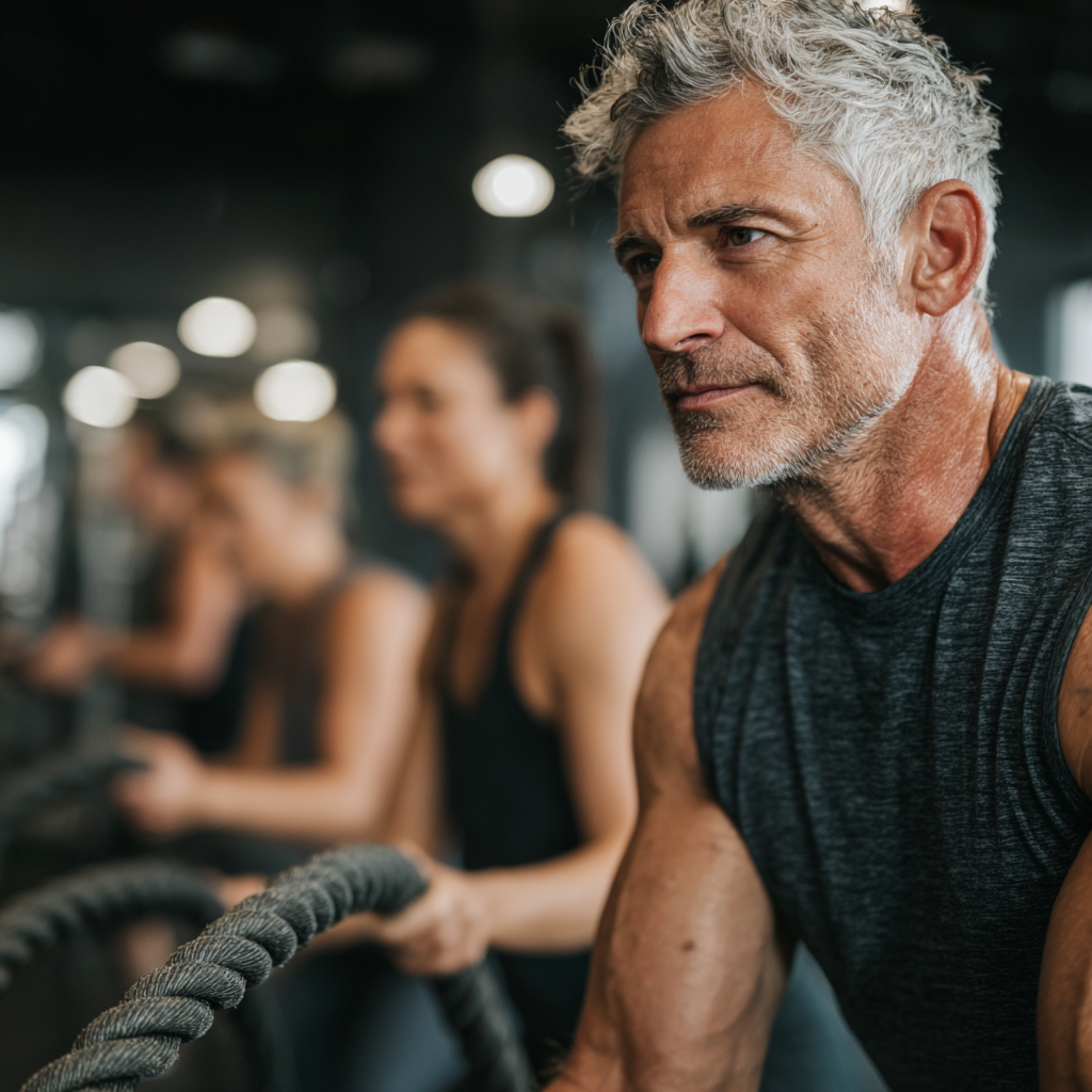 Енергійний чоловік 58 років займається кросфітом у групі однолітків, виконує функціональні вправи з канатами у сучасному тренажерному залі