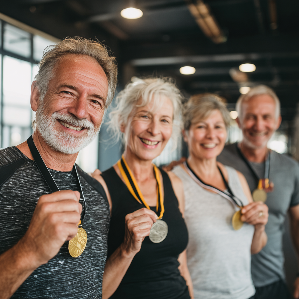 Група мотивованих людей віком 50-60 років святкує завершення 30-денного фітнес-виклику, тримають медалі та посміхаються в сучасному тренажерному залі